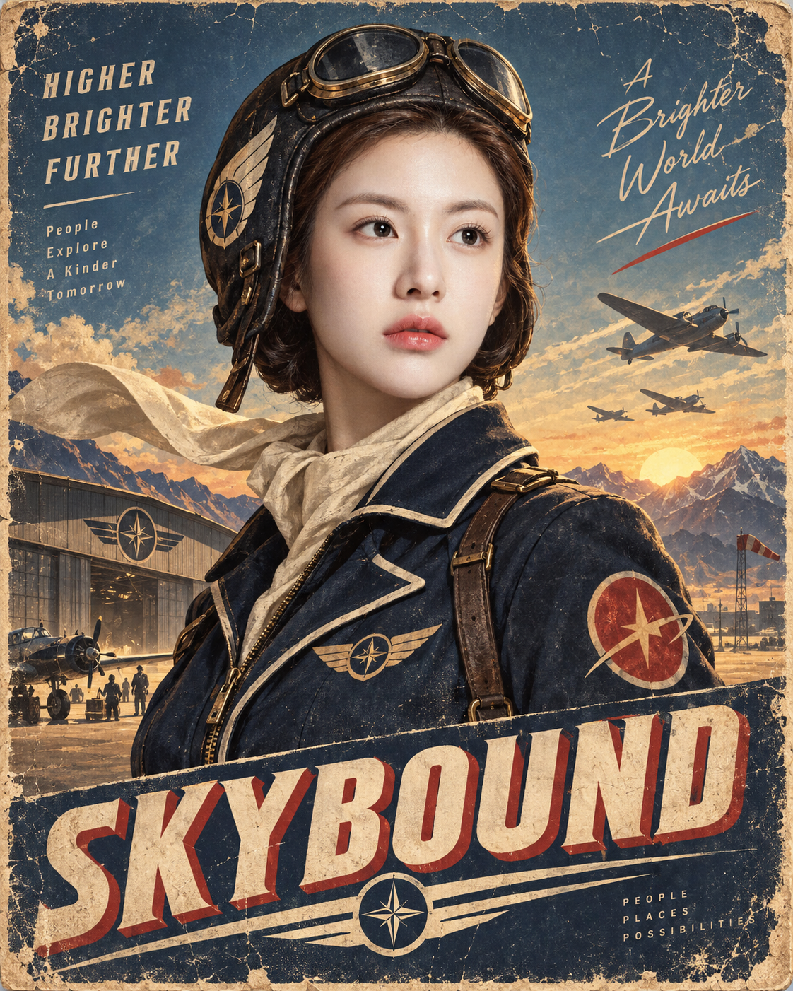 Portrait d'une femme adulte, aviation rétro-futuriste, affiche — AI image creation