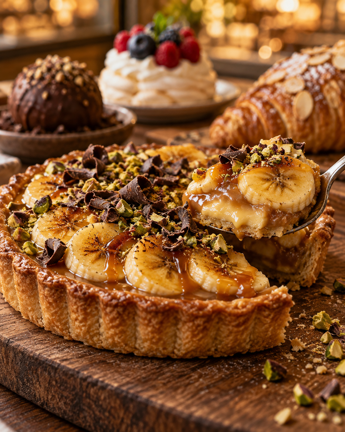 Photographie culinaire hyperréaliste d'une tarte à la banane au caramel doré