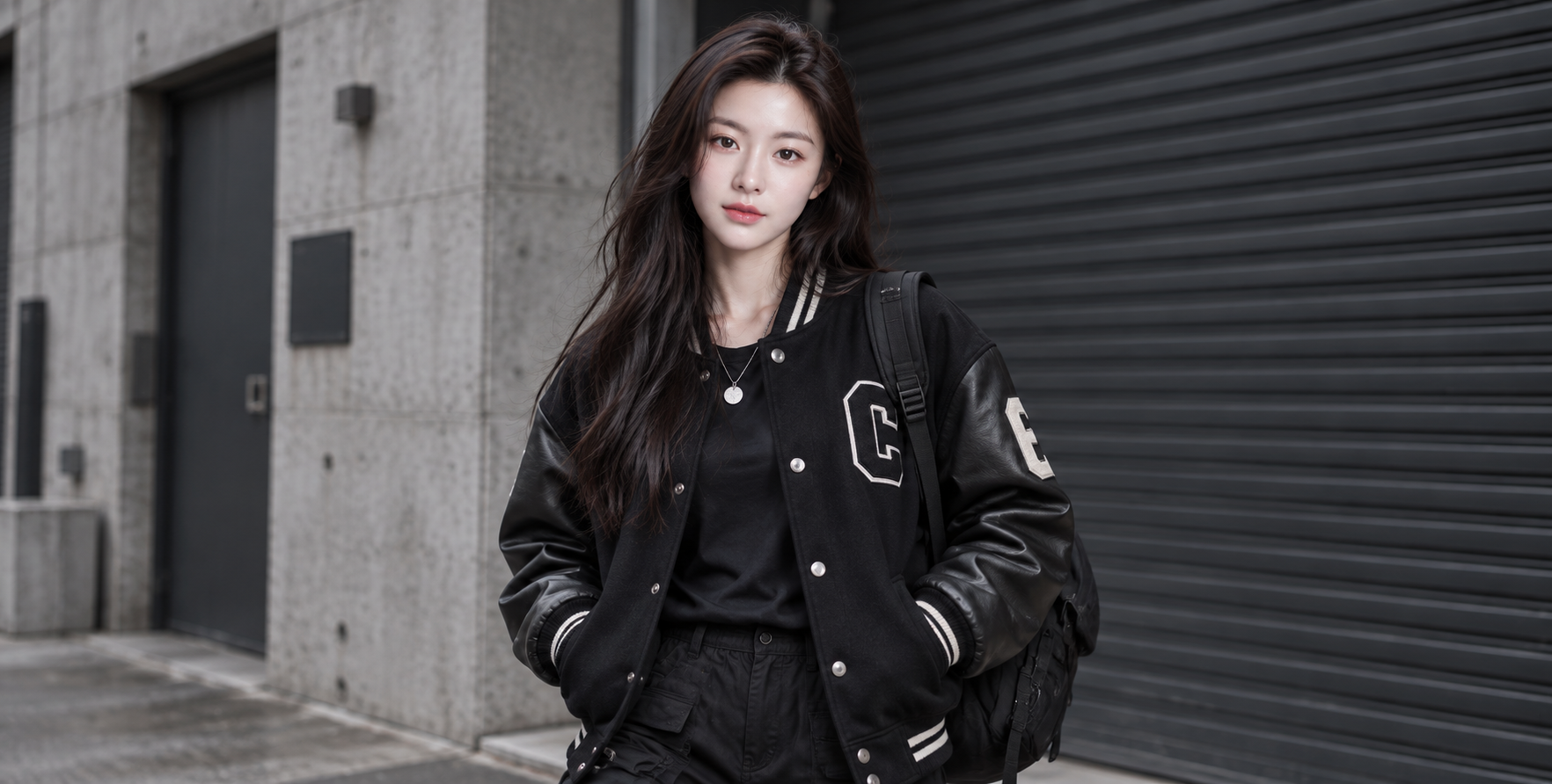 Portrait de mode urbaine d'une femme adulte devant un bâtiment industriel