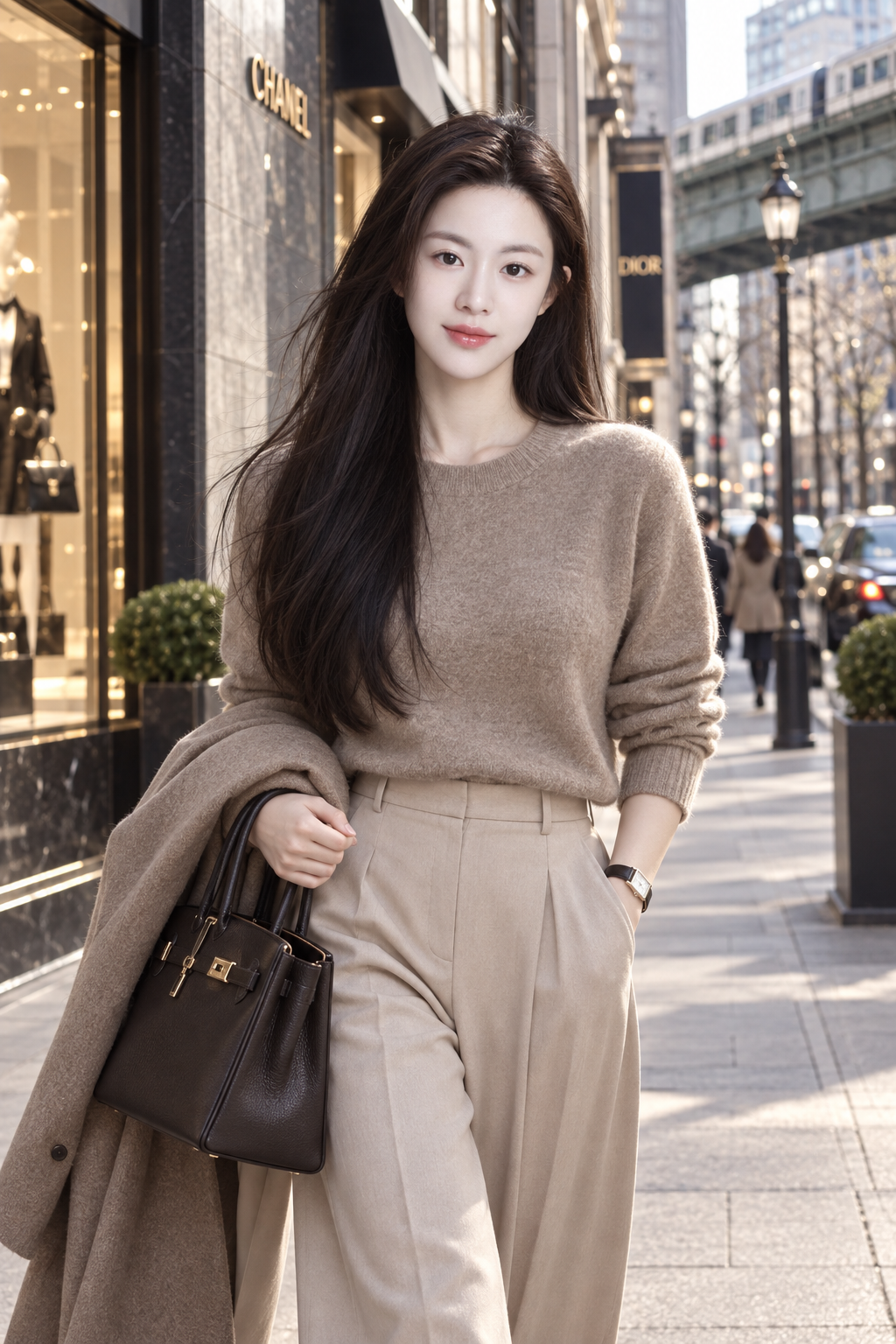 Street Fashion Portrait of a Woman in a Modern Luxury Shopping District