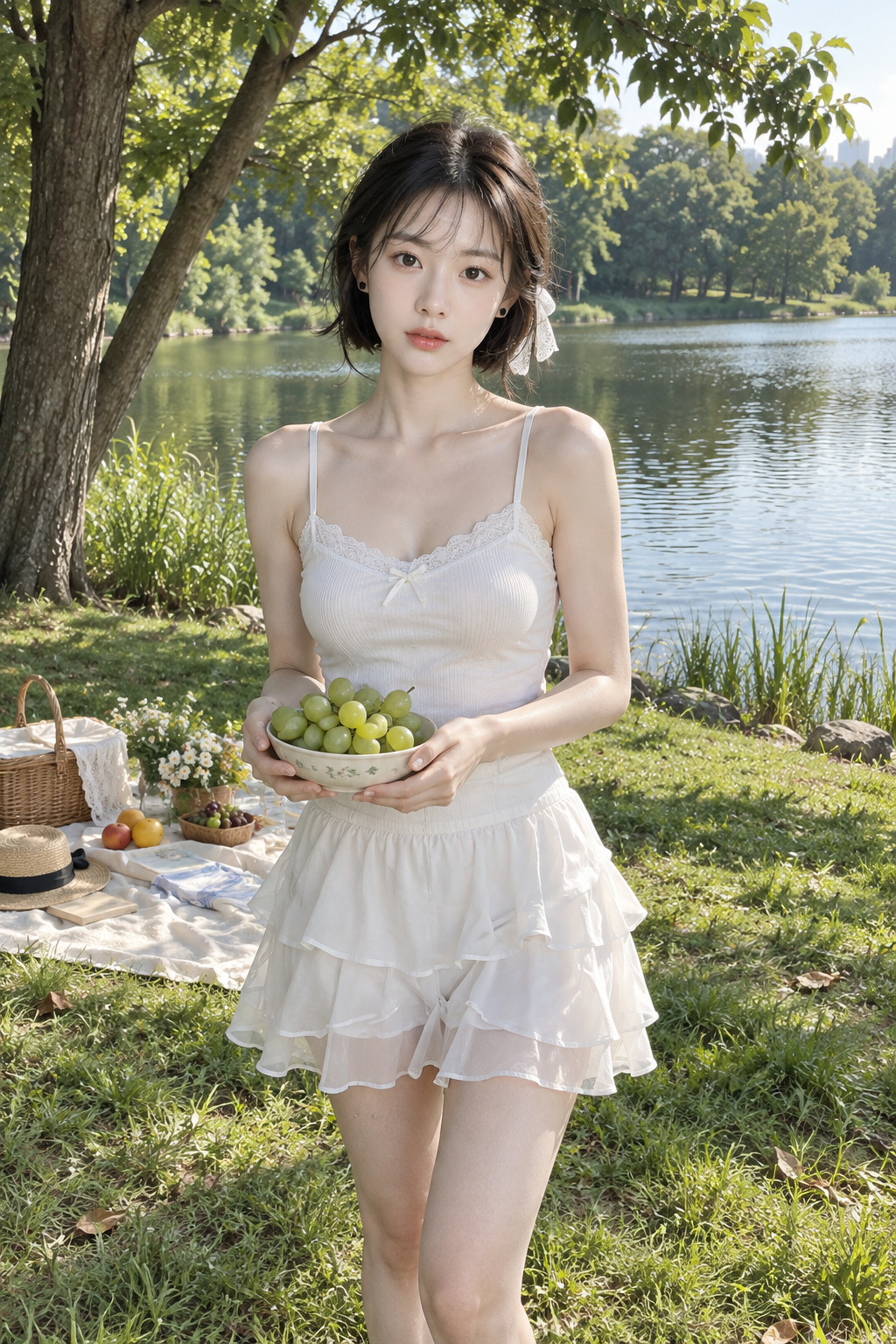 湖畔で青ぶどうのピクニック スマホライフスタイルポートレート