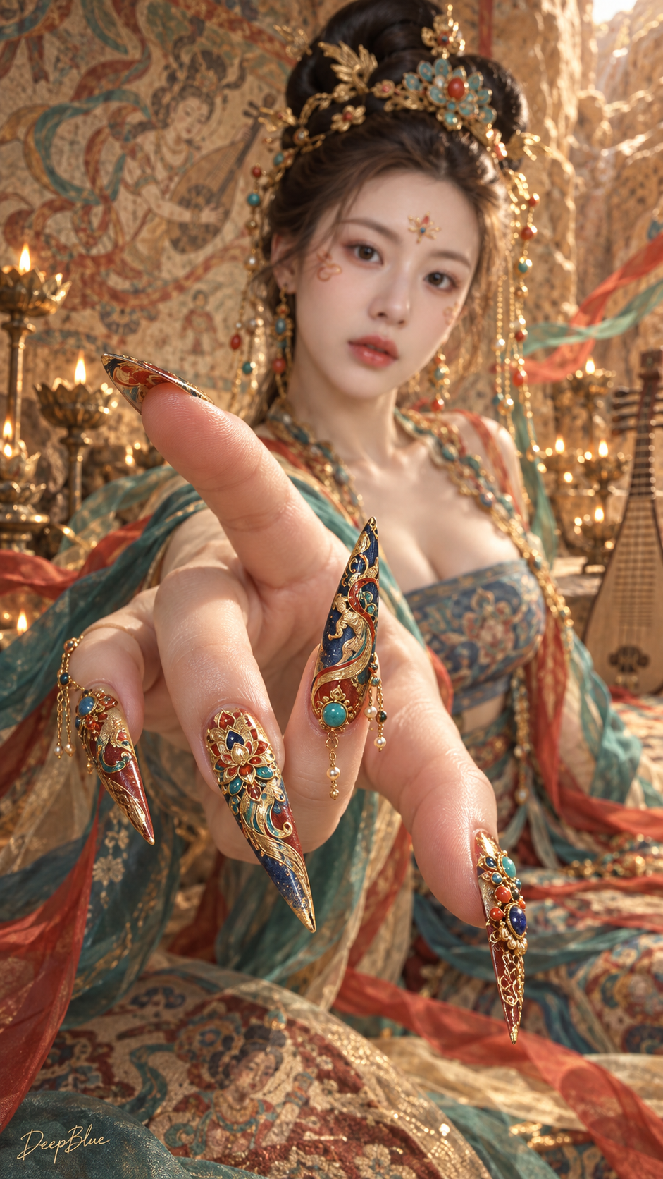 Portrait réaliste style Dunhuang Apsaras et gros plan d'ongles ornés