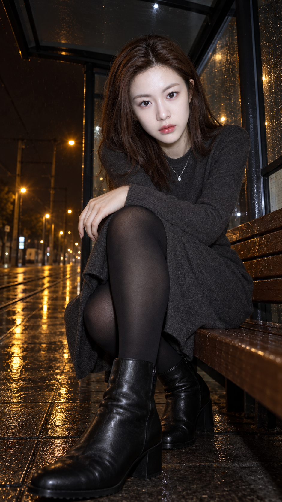 Portrait nocturne en contre-plongée d'une femme adulte à un arrêt de tram après la pluie