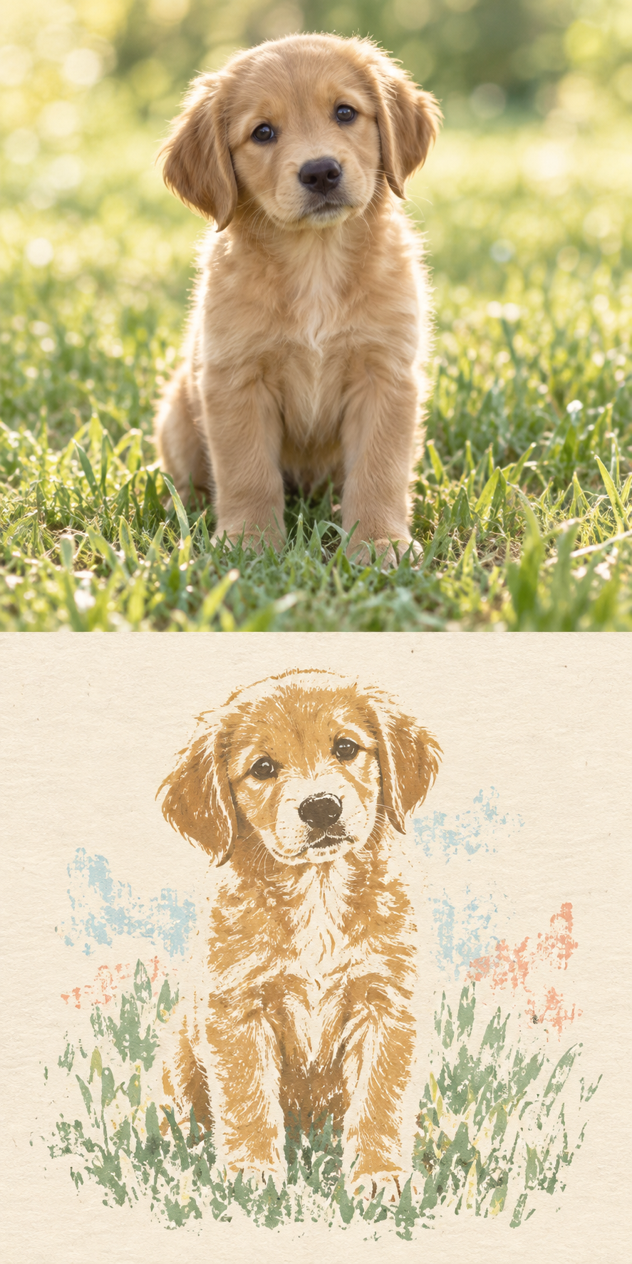 Gravure sur bois verticale en diptyque d'un chiot