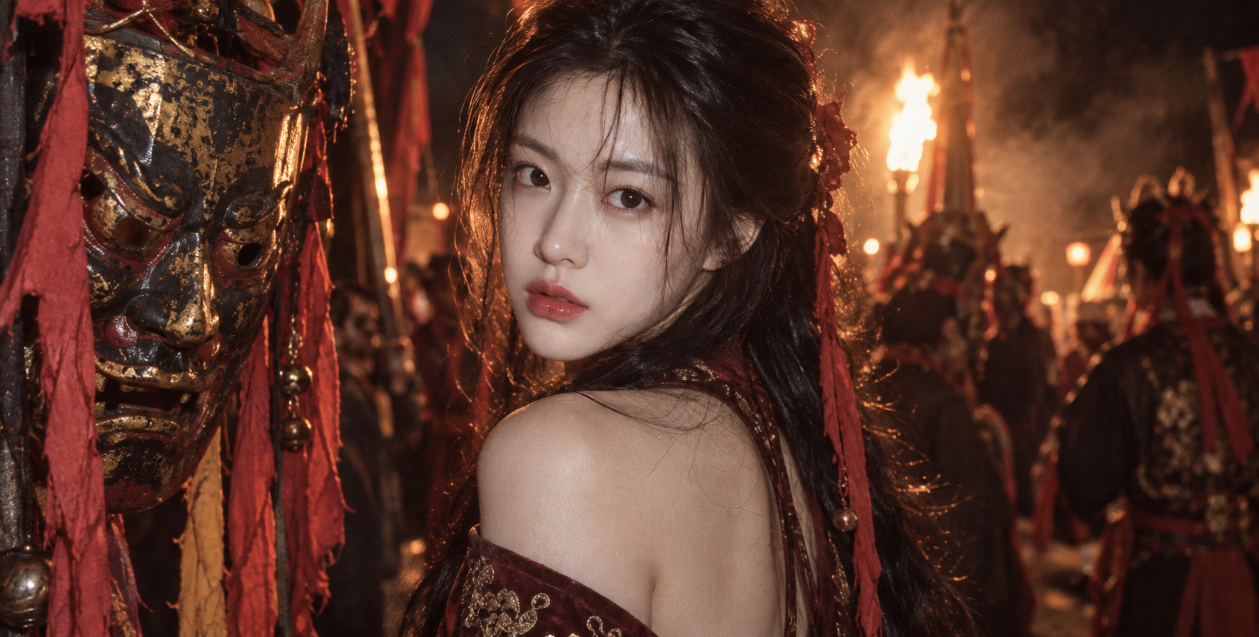 Close-up of a woman in red at a Chinese Nuo opera ritual