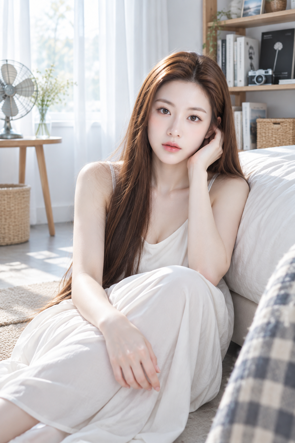 明るく透明感のある自然光の柔らかな写実的室内ポートレート