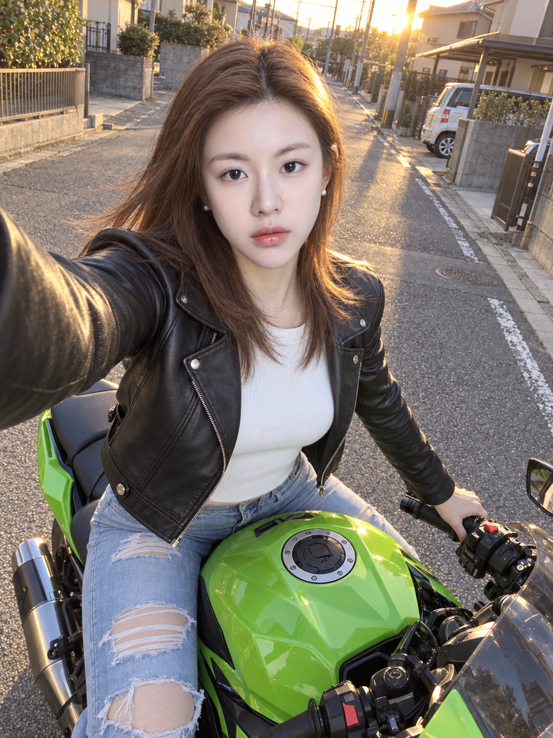 Selfie điện thoại của cô gái biker Nhật Bản giờ vàng