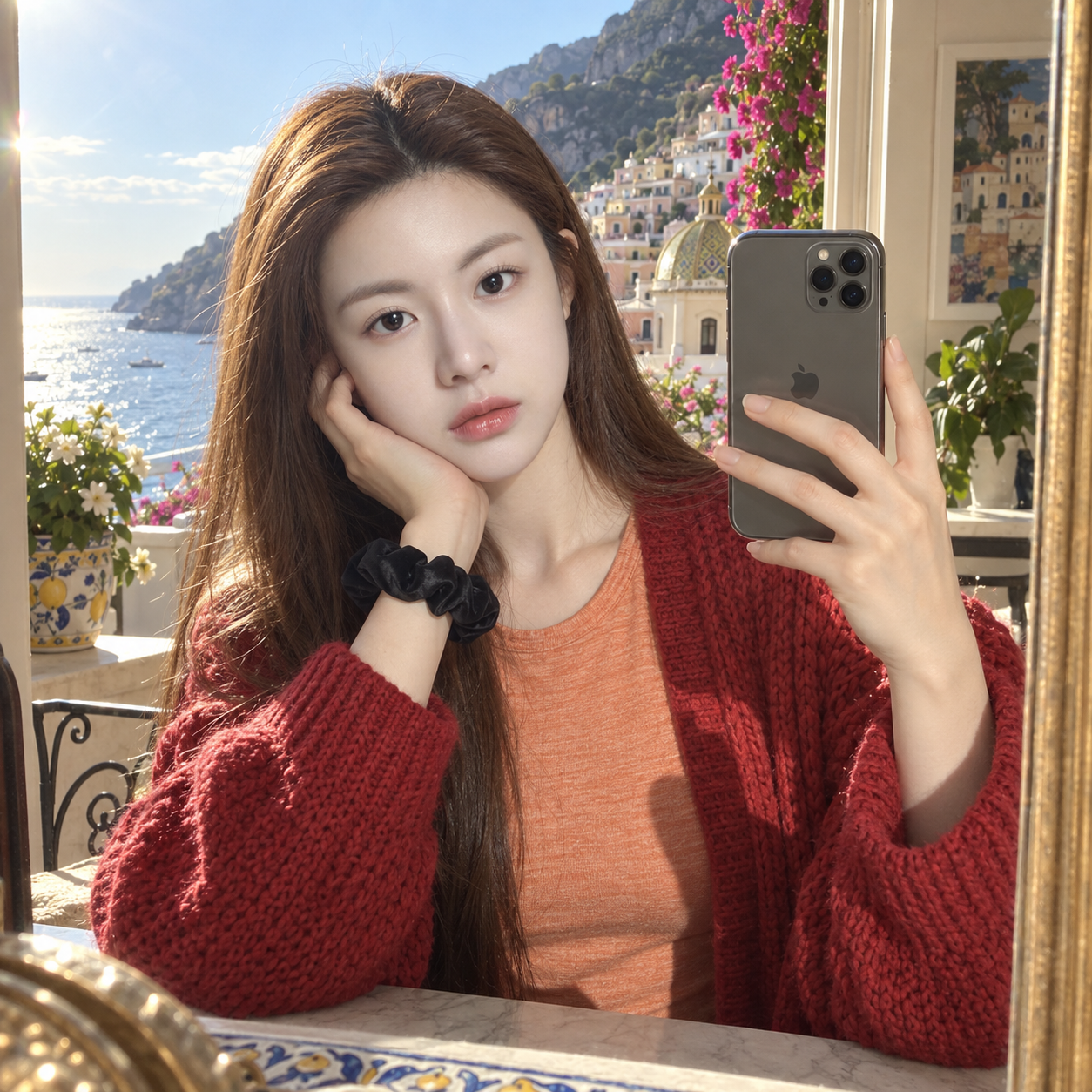Selfie miroir en grosse maille sous le soleil de Positano