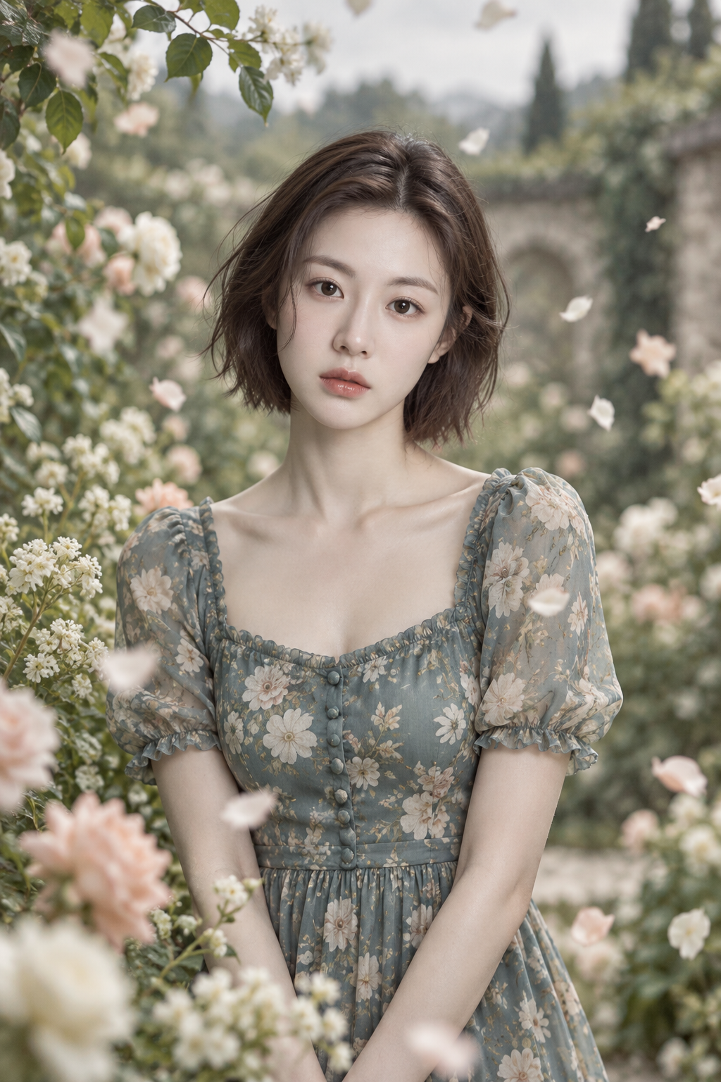 花吹雪の中のレトロな女性と夢幻の庭 — AI image creation