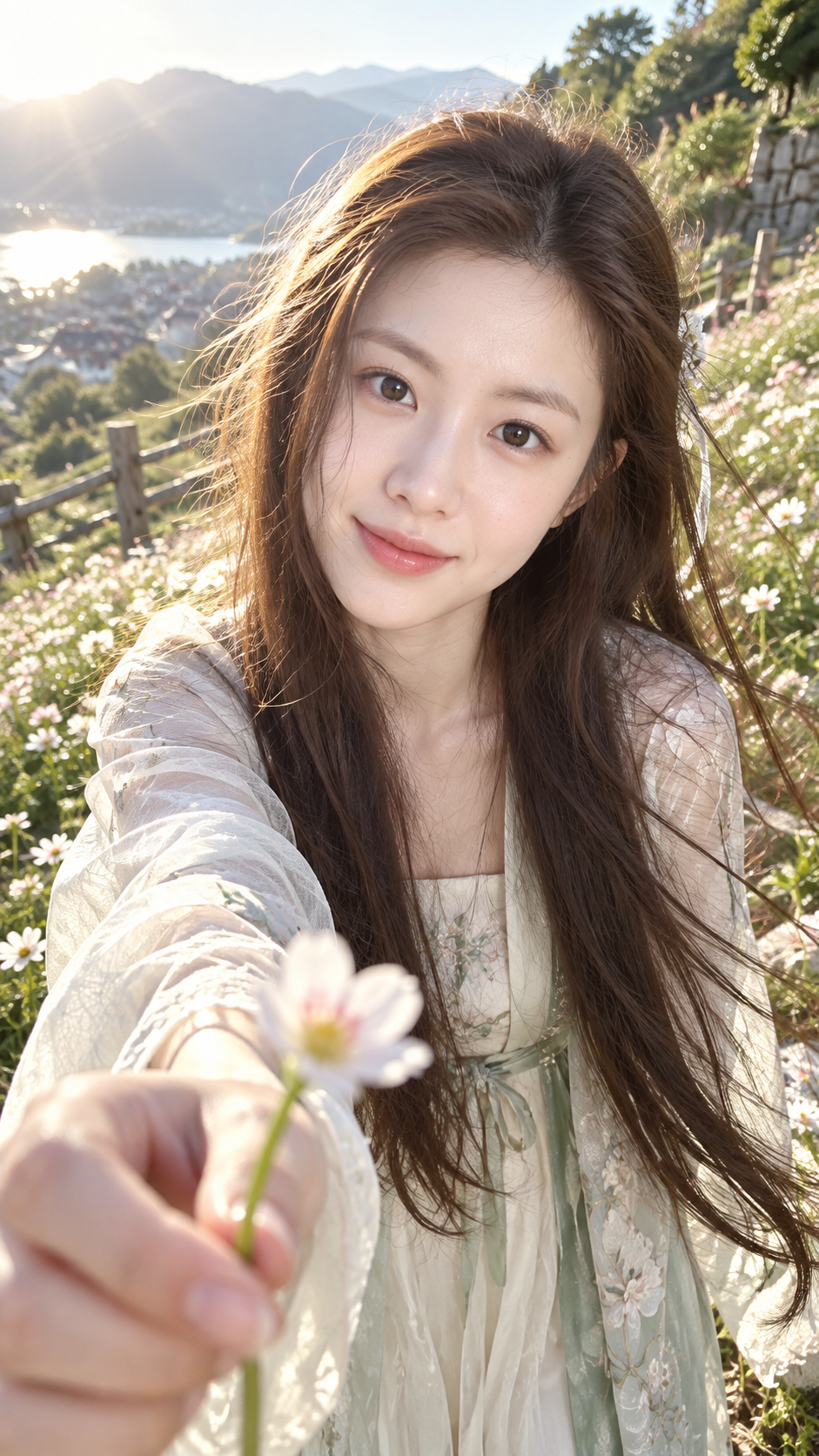 POV 陽光の花を捧げる少女 リアル写真
