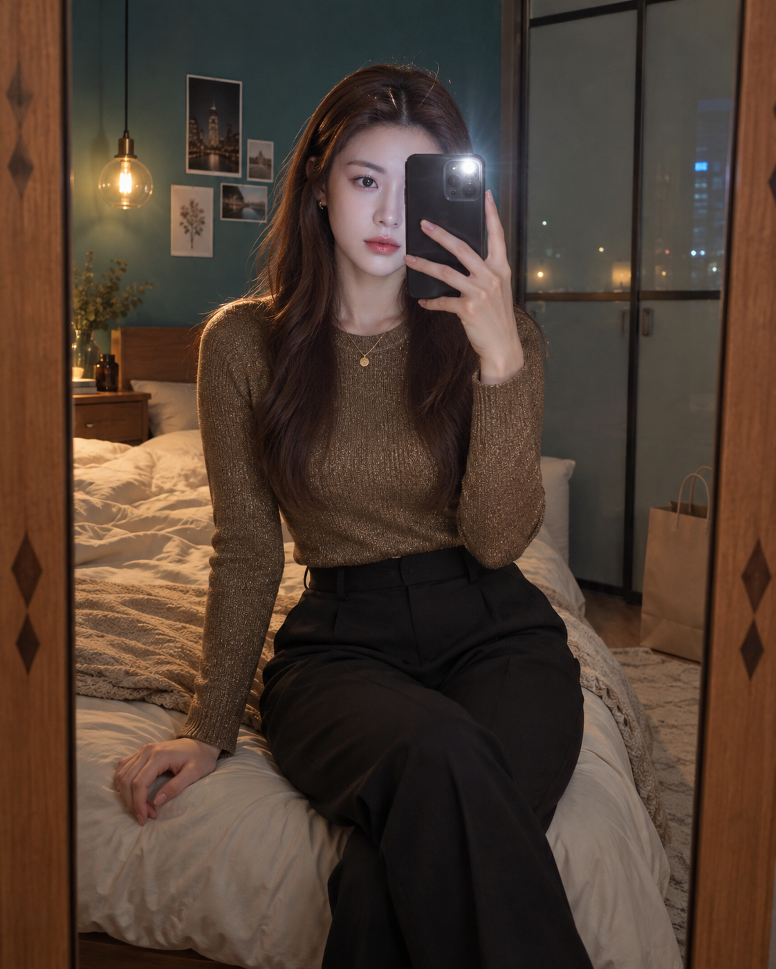 Ảnh selfie gương của phụ nữ trưởng thành trong phòng ngủ đô thị ban đêm