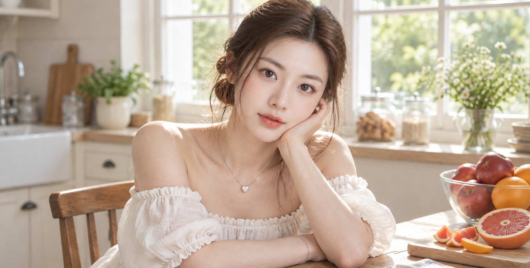 Portrait doux et frais d'une femme d'Asie de l'Est près de la table de cuisine