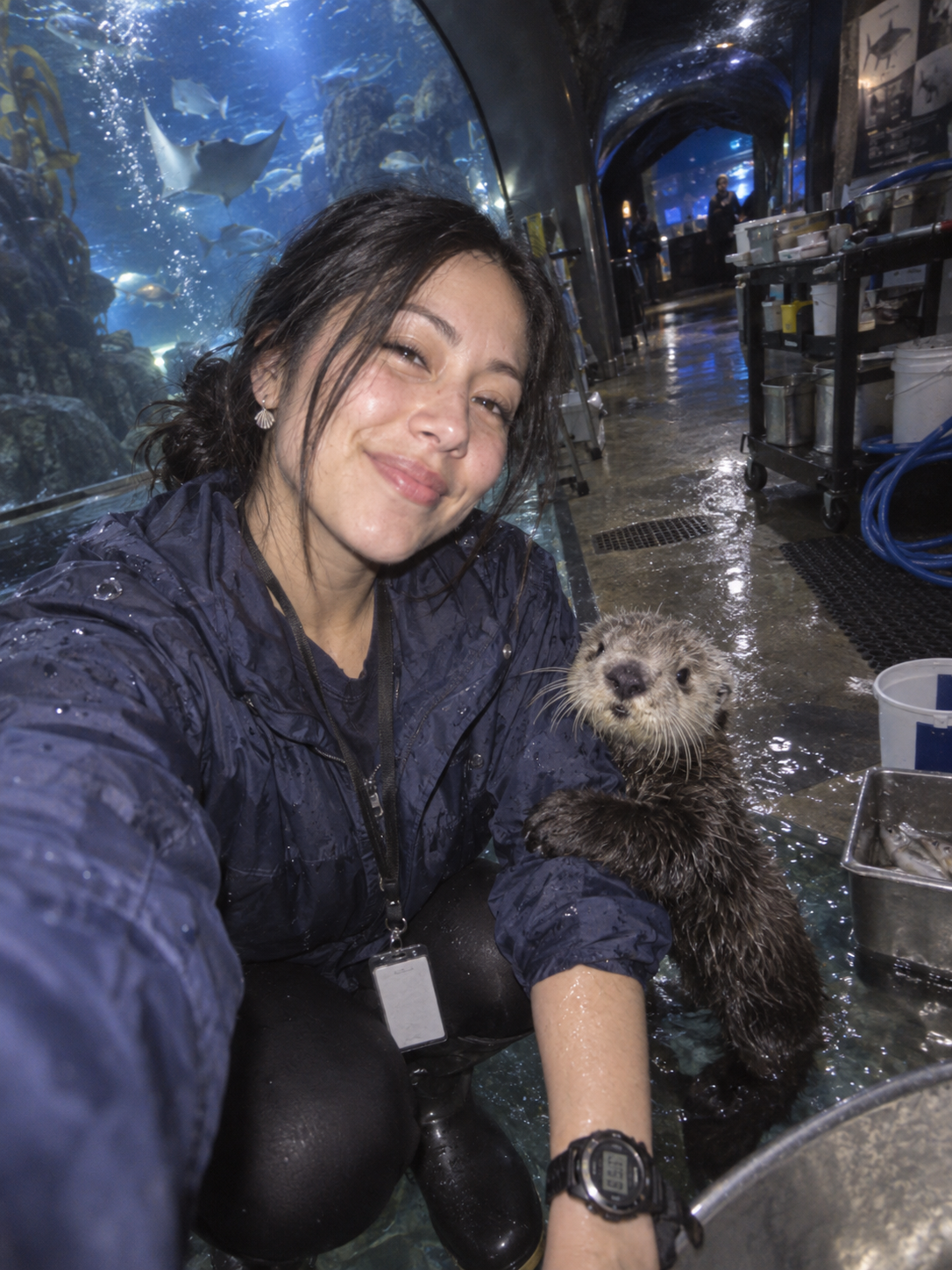 Selfie accidentel d'un soigneur et d'une loutre de mer dans un tunnel d'aquarium sombre