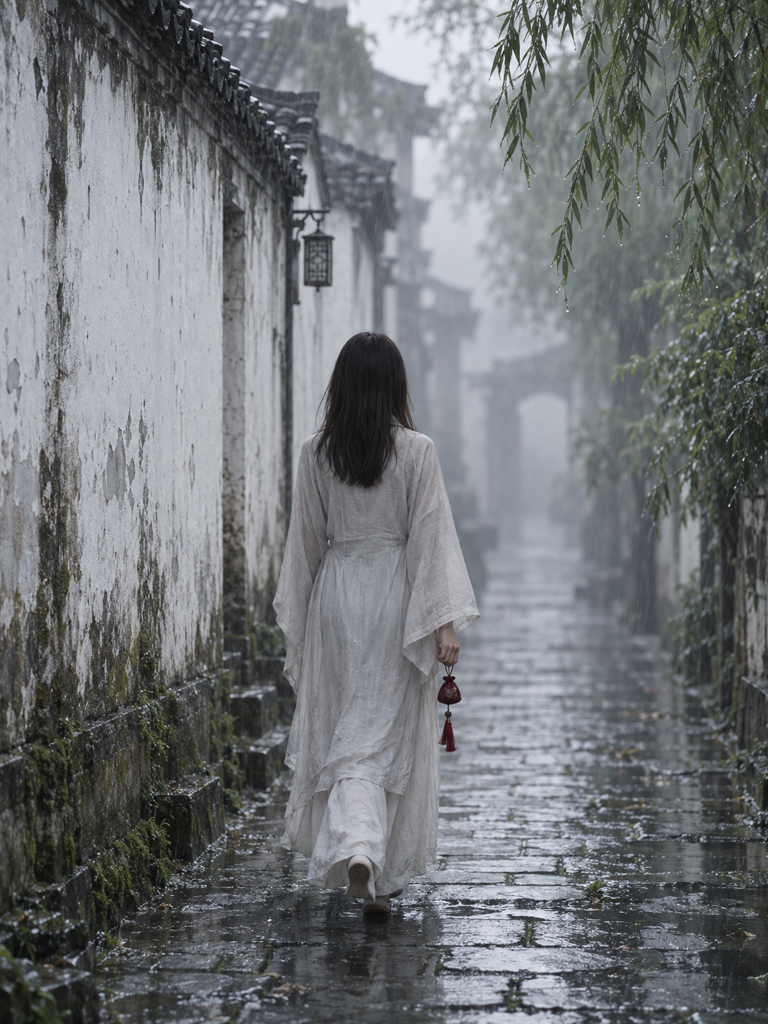 A Woman's Silhouette on Wet Cobblestones in a Jiangnan Rainy Alley