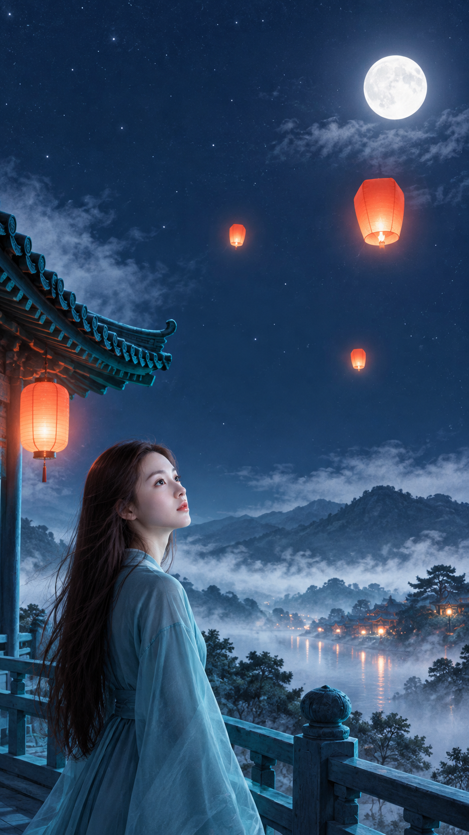 Áp phích đêm ngắm đèn lồng tối giản thiền Đông phương tương phản cao