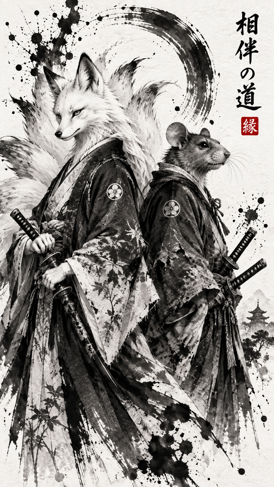 Tranh mực Nhật: cáo và chuột samurai