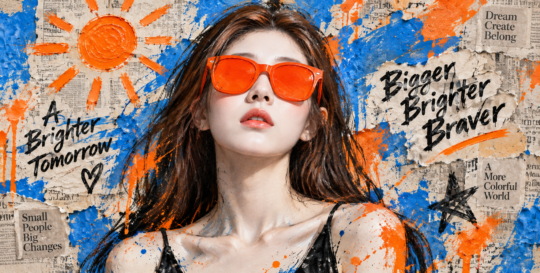 Portrait Looking Up on Newspaper Texture with Orange Frame