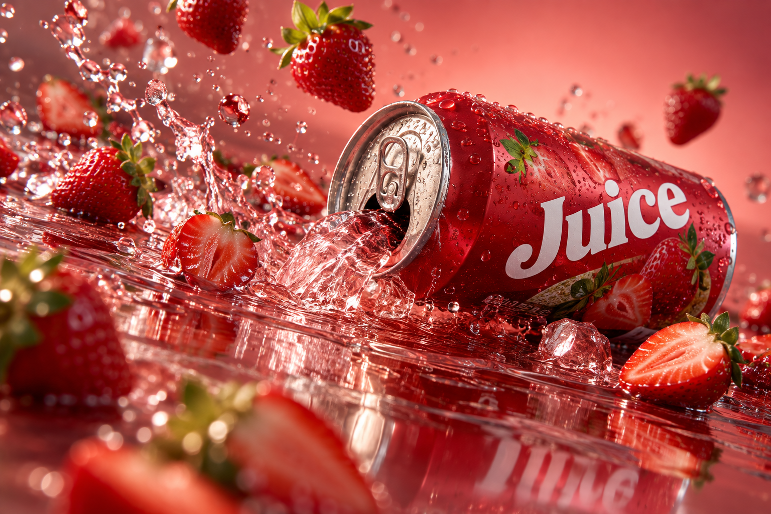 Éclaboussure de jus de fraise hyperréaliste, plan commercial cinématographique