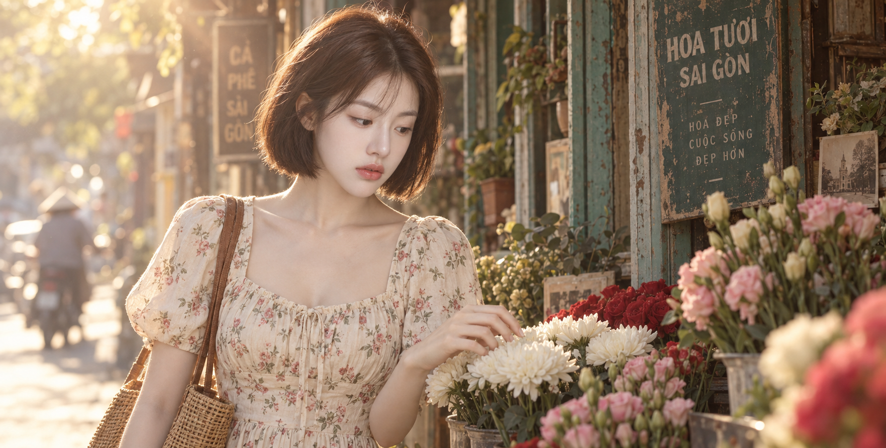 夢幻的な映画風の街角で花を愛でる少女の肖像