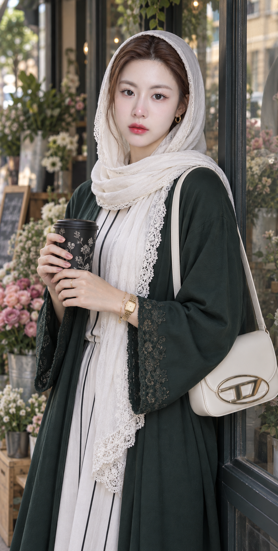 Portrait élégant d'une femme aux lunettes dorées et au foulard blanc