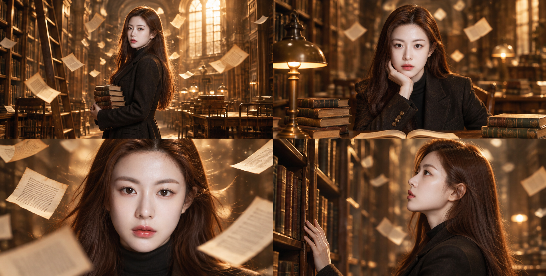 Portrait surréaliste à quatre vues dans une bibliothèque aux pages flottantes