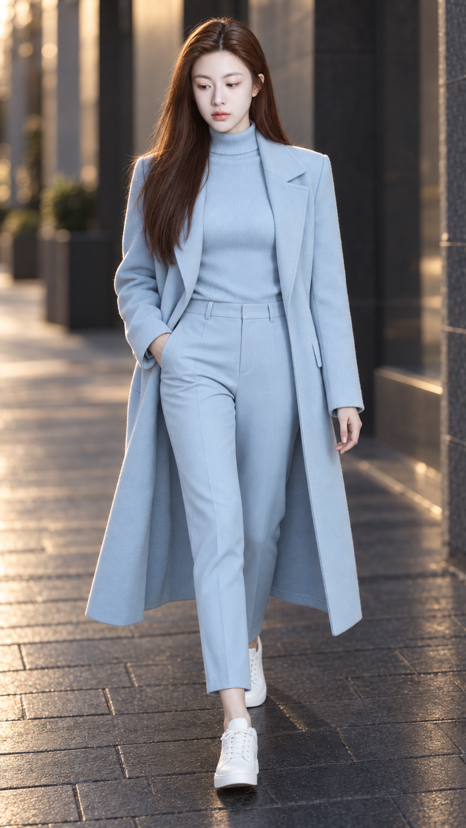Éditorial de mode urbaine minimaliste en bleu Morandi