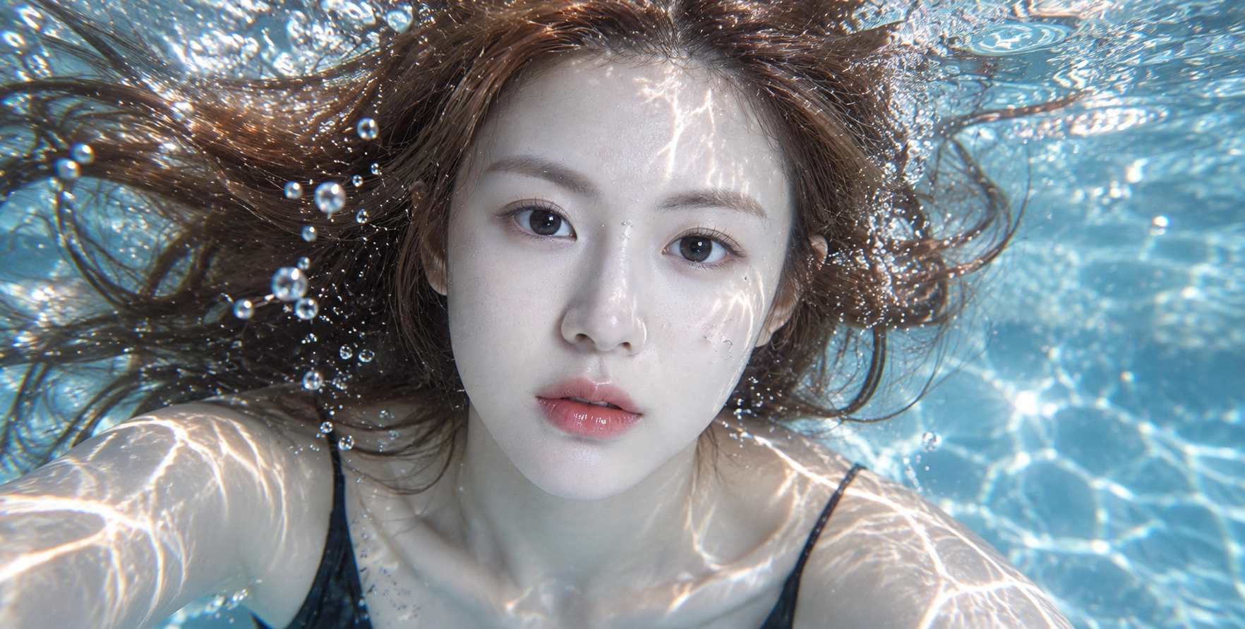 美しい水中ポートレートのクローズアップ、光と影の雰囲気