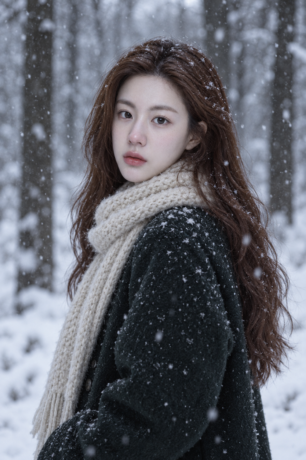 舞い散る雪の中に見つめる静かな冬の日のおとなの女性