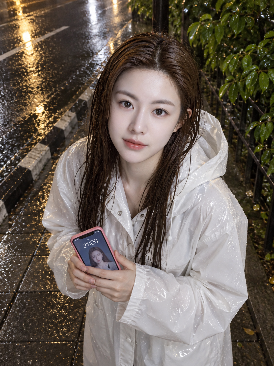 雨の夜の街、ピンクのスマホと白いレインコート