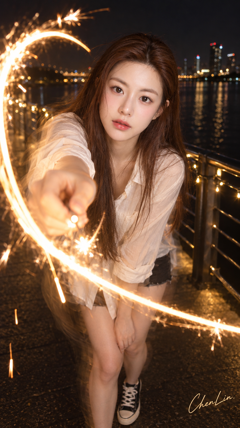 夜の川辺で線香花火の光絵ポートレート