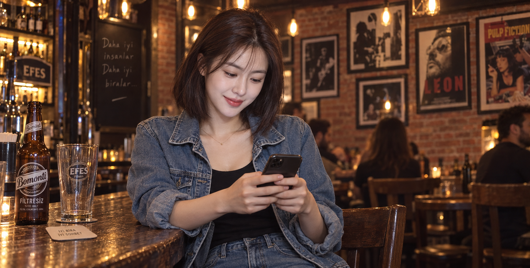 Cowgirl in a denim jacket in a warm vintage bar