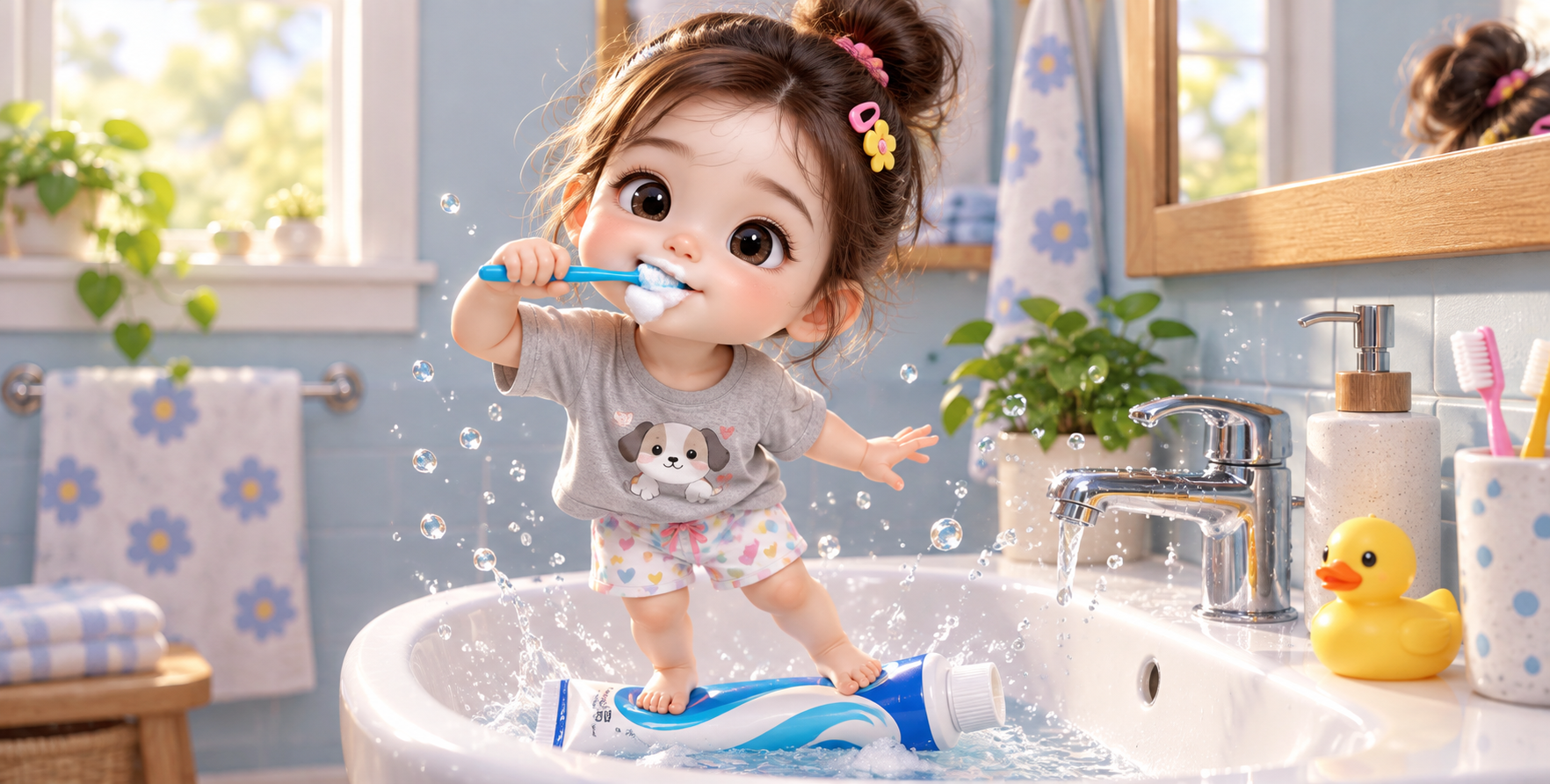 Cute Big-Headed Girl Brushing Teeth at the Sink