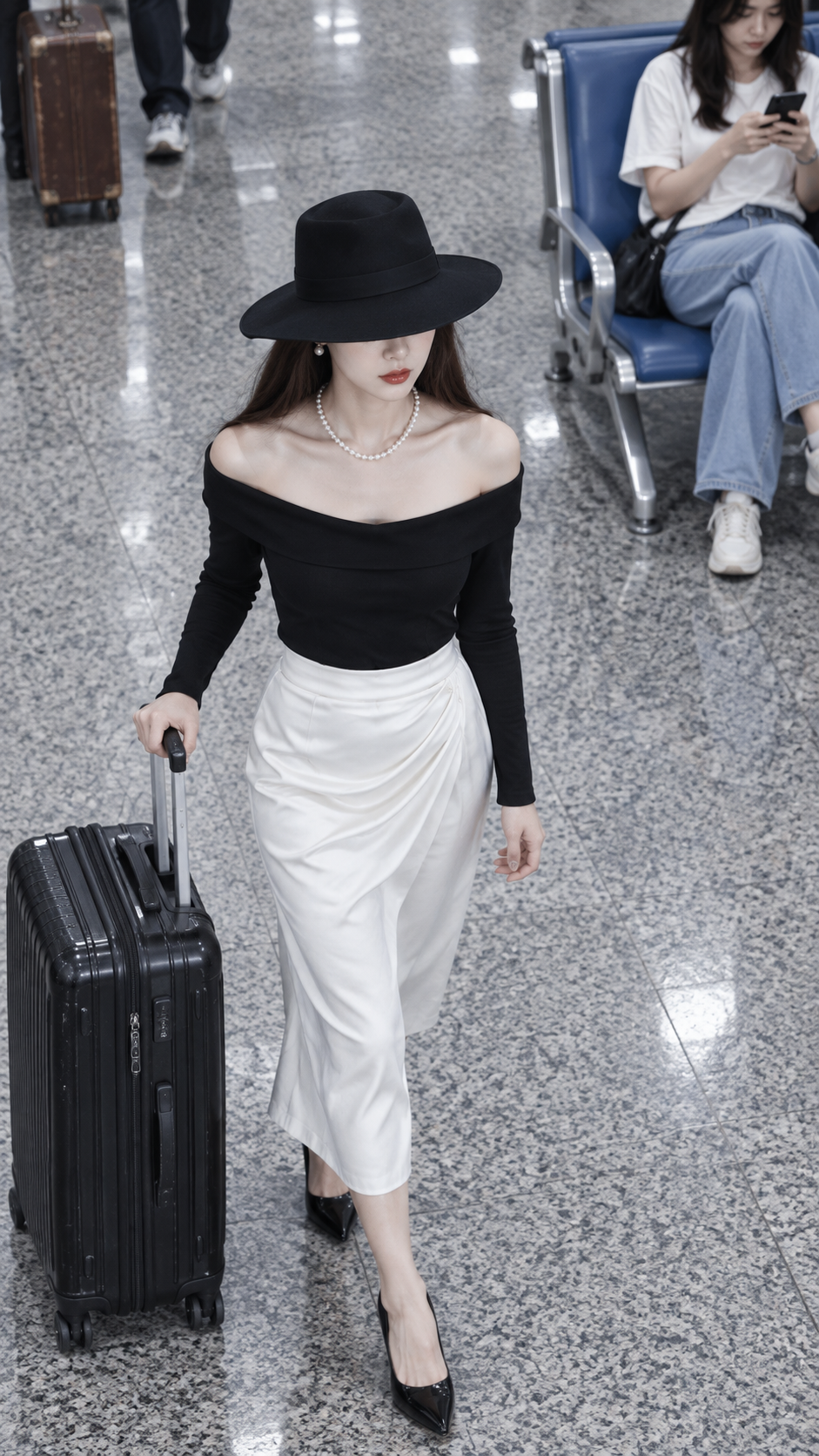 空港ラウンジで見下ろし撮影されたファッショナブルな女性のリアルストリートスナップ