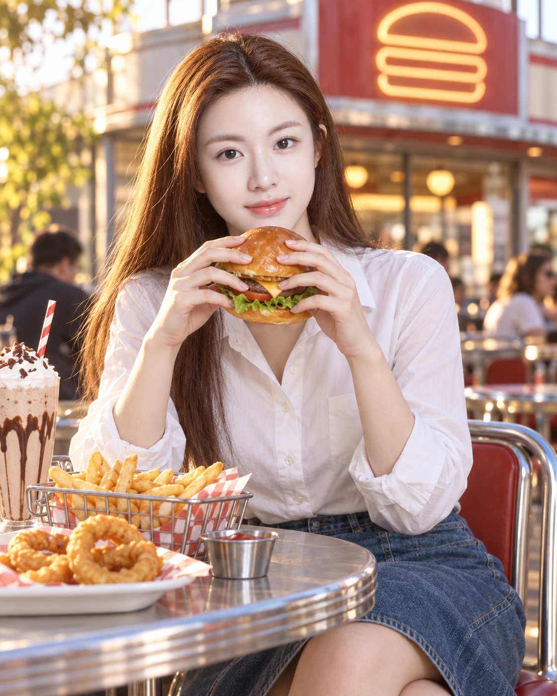 Chân dung người phụ nữ trưởng thành ăn trưa burger ngoài trời tại nhà hàng