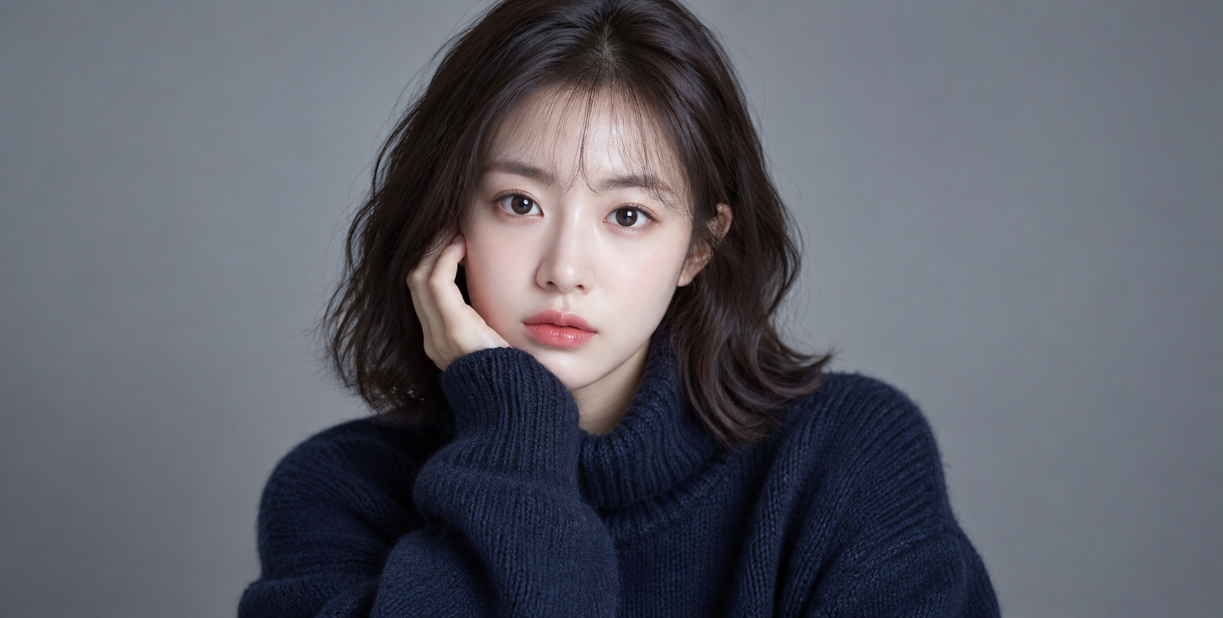 Textured Portrait of an East Asian Woman in a Deep Blue Turtleneck
