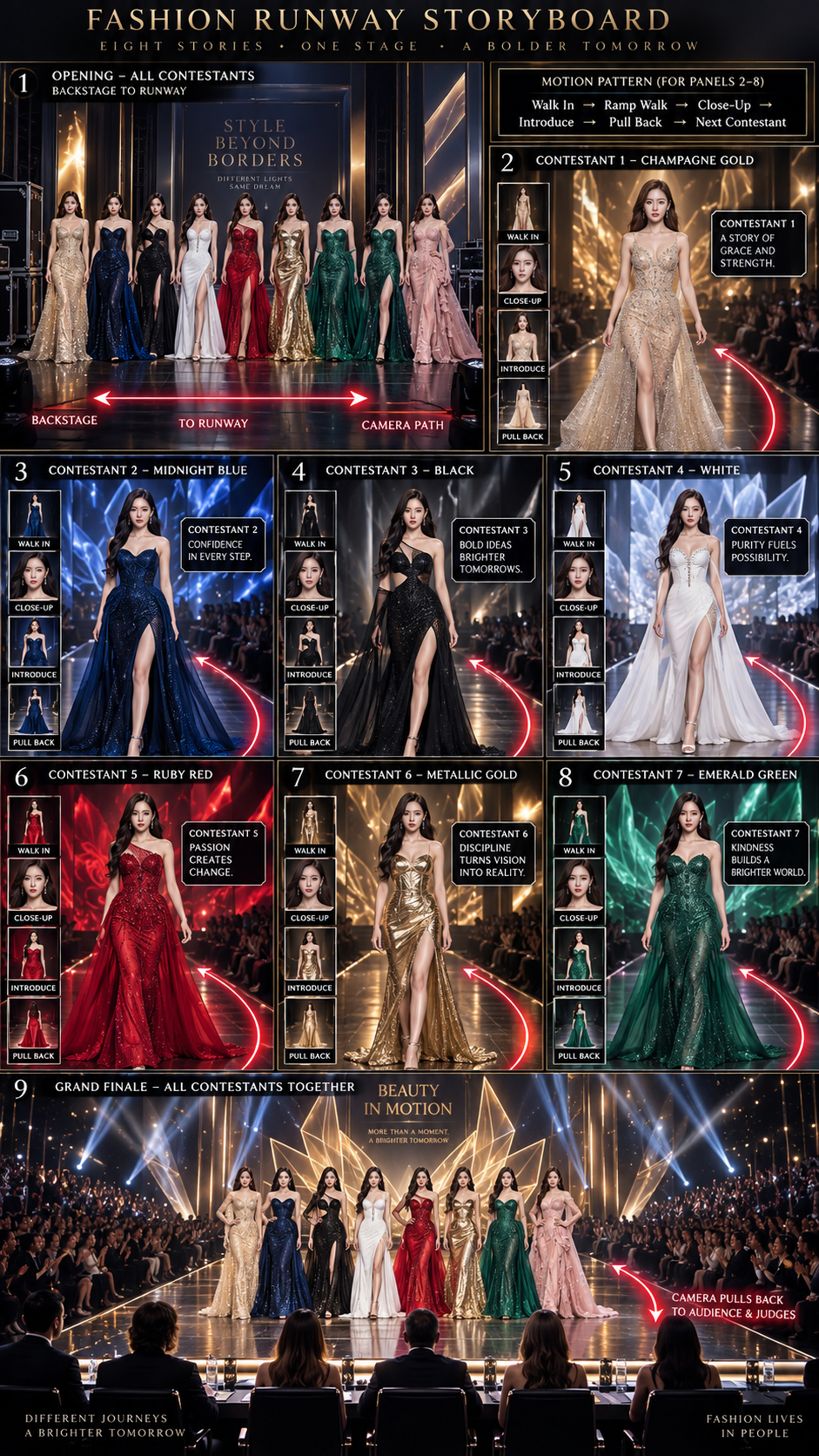 Storyboard original en neuf cases pour une prévisualisation de défilé de mode