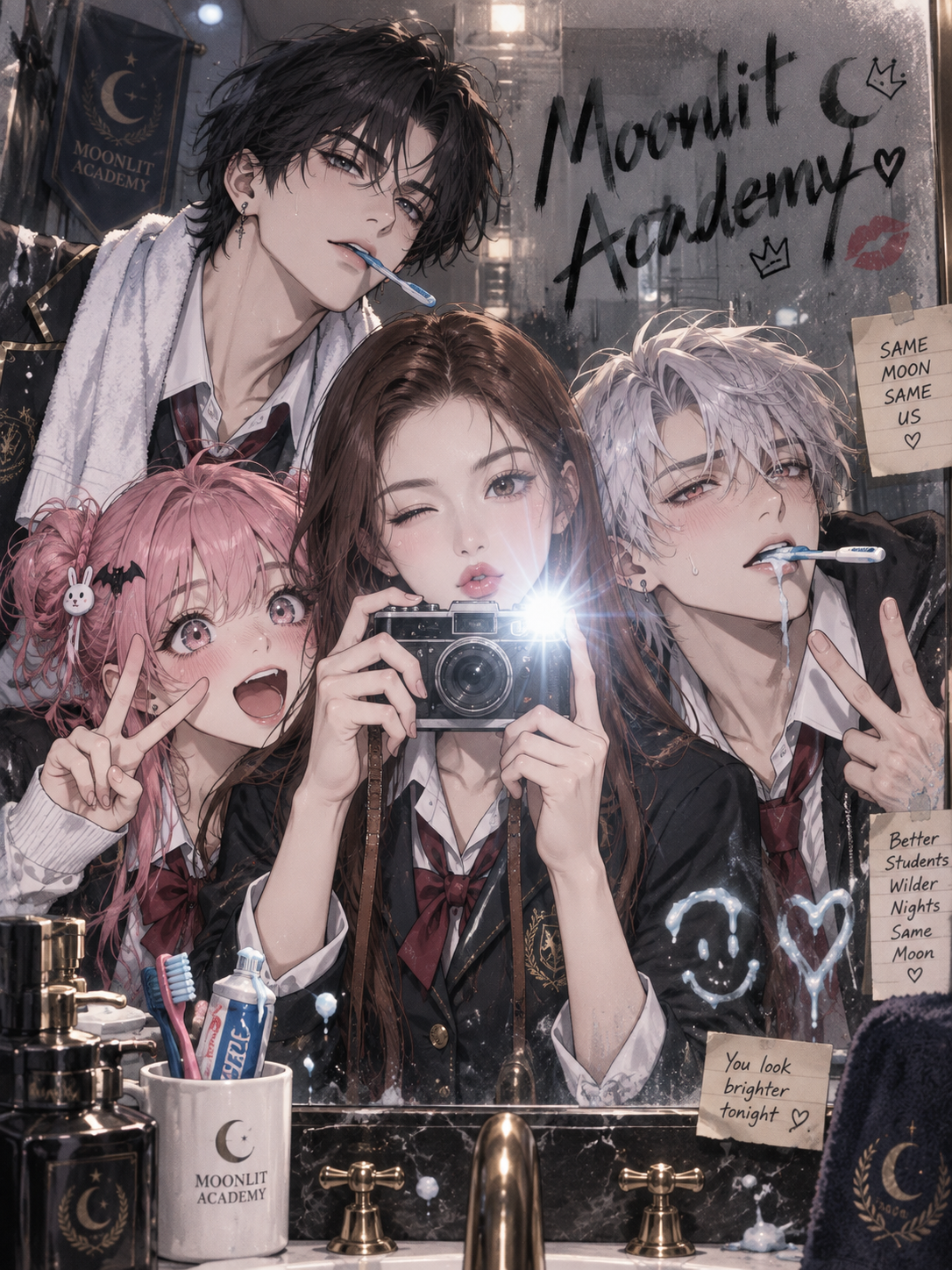 高品質アニメ風バスルーム鏡自撮りイラスト