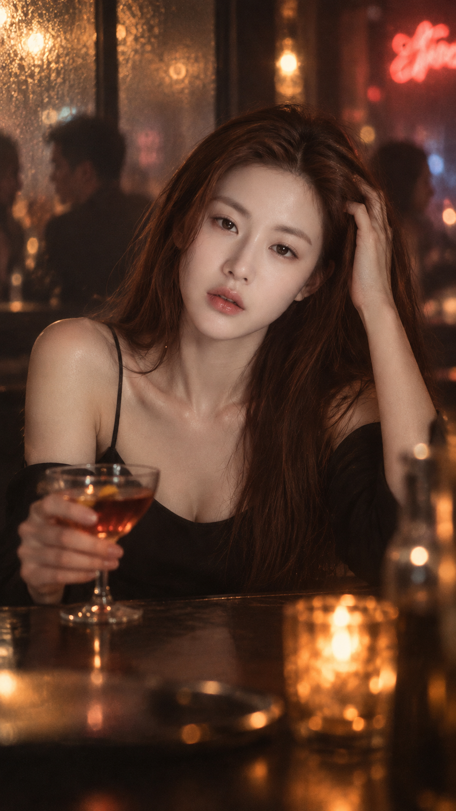 夜の薄暗いバーでのシネマティックなポートレート — AI image creation