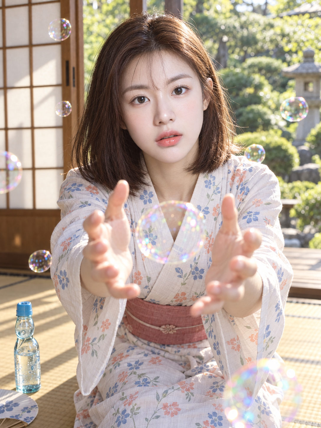 Portrait d'une jeune fille en yukata poursuivant des bulles de savon dans une pièce japonaise