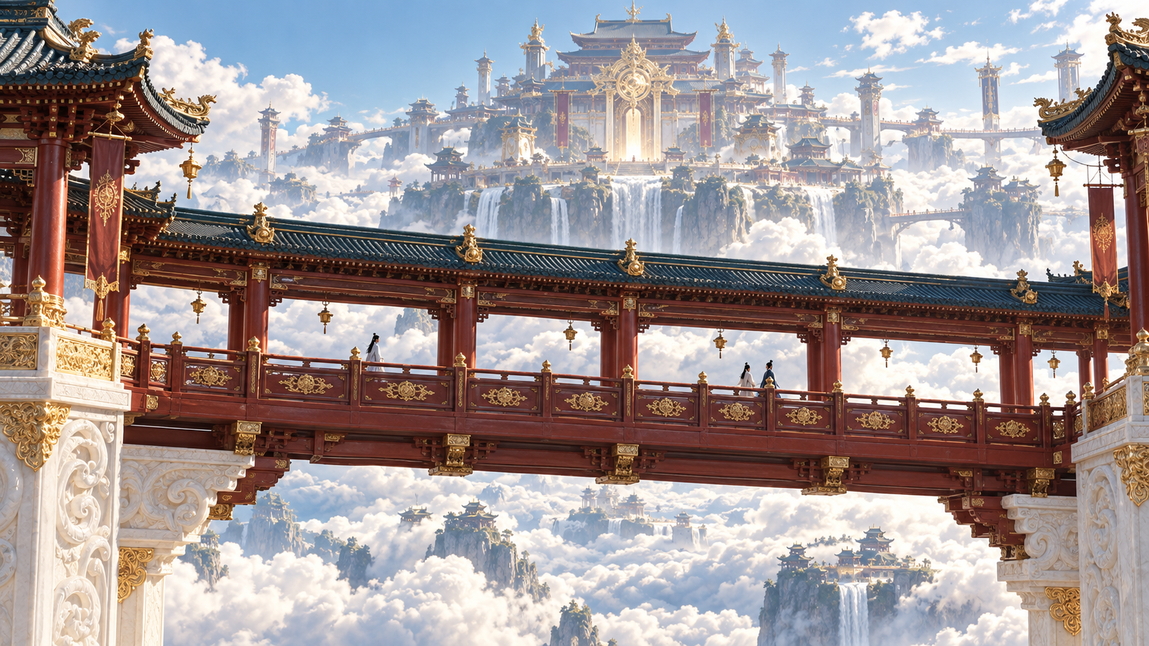Royaume divin oriental hyperréaliste : palais divin central du pont-corridor géant — AI image creation