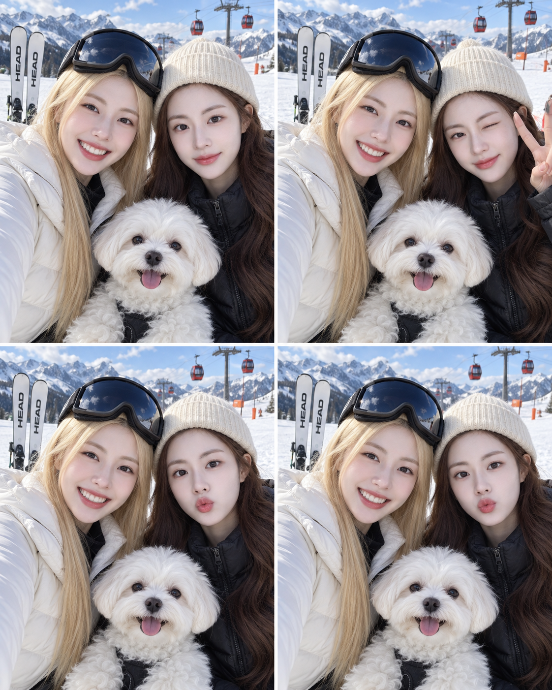 陽射しの雪山で女友達と犬のふざけた4連写