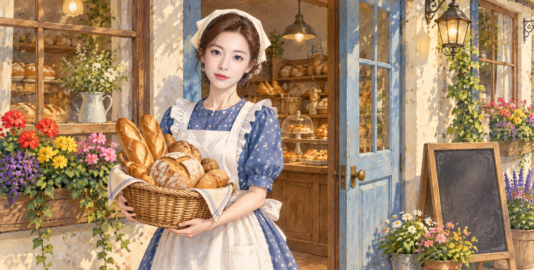 Tranh minh họa thợ làm bánh trưởng thành trước tiệm bánh cổ điển