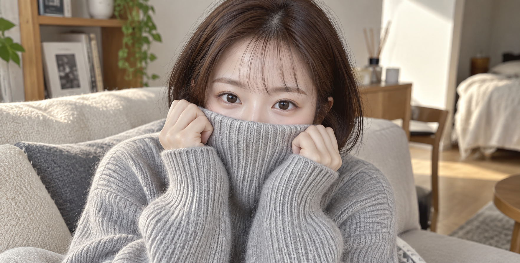 Japanese Idol Style Short-Haired Girl in Turtleneck Sweater Portrait