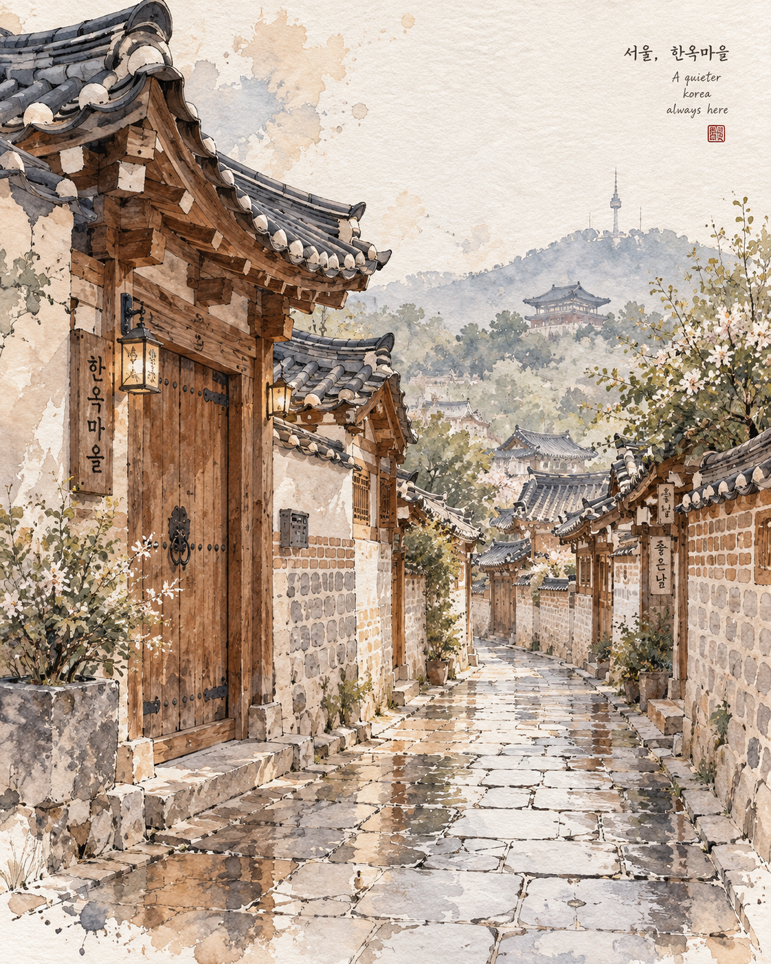 韓国の伝統的な韓屋村の通りを描いた水彩スケッチ