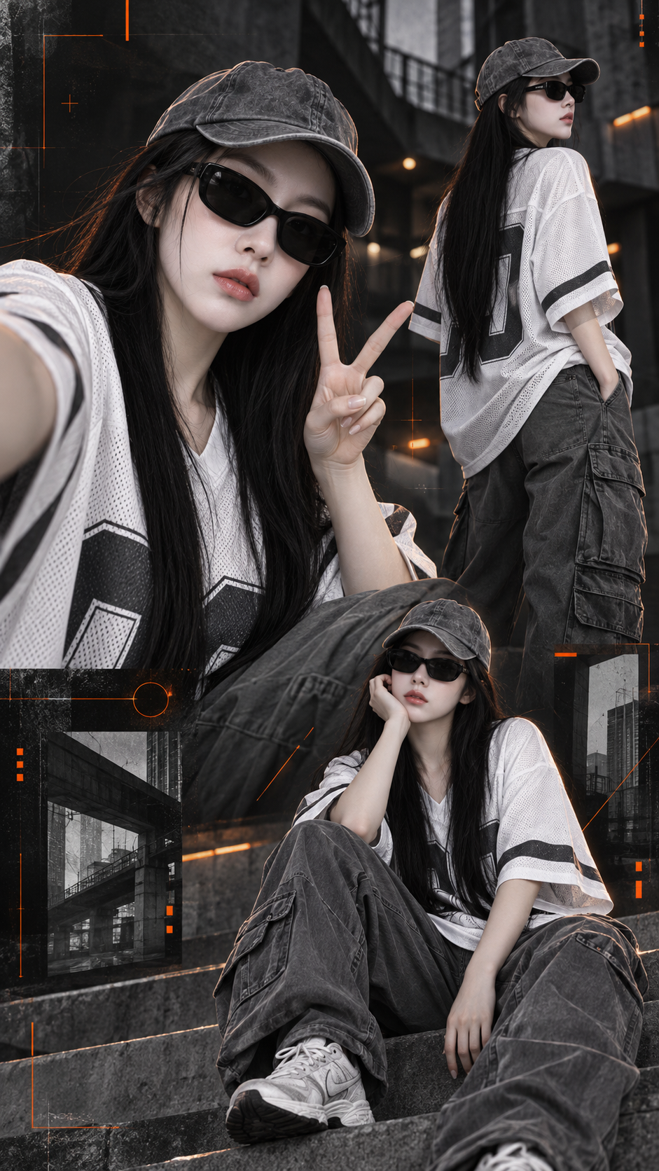 Affiche collage HUD orange, mode street coréenne, trois poses adultes