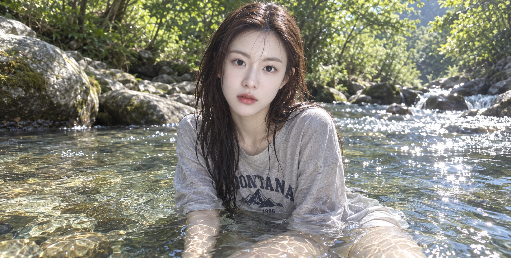 Realistic Portrait of an East Asian Woman in a Clear Summer Stream