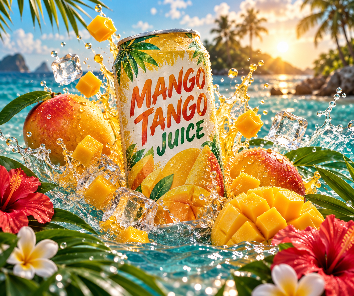 碧い海と波間で弾けるマンゴージュース冷飲料の商業大作