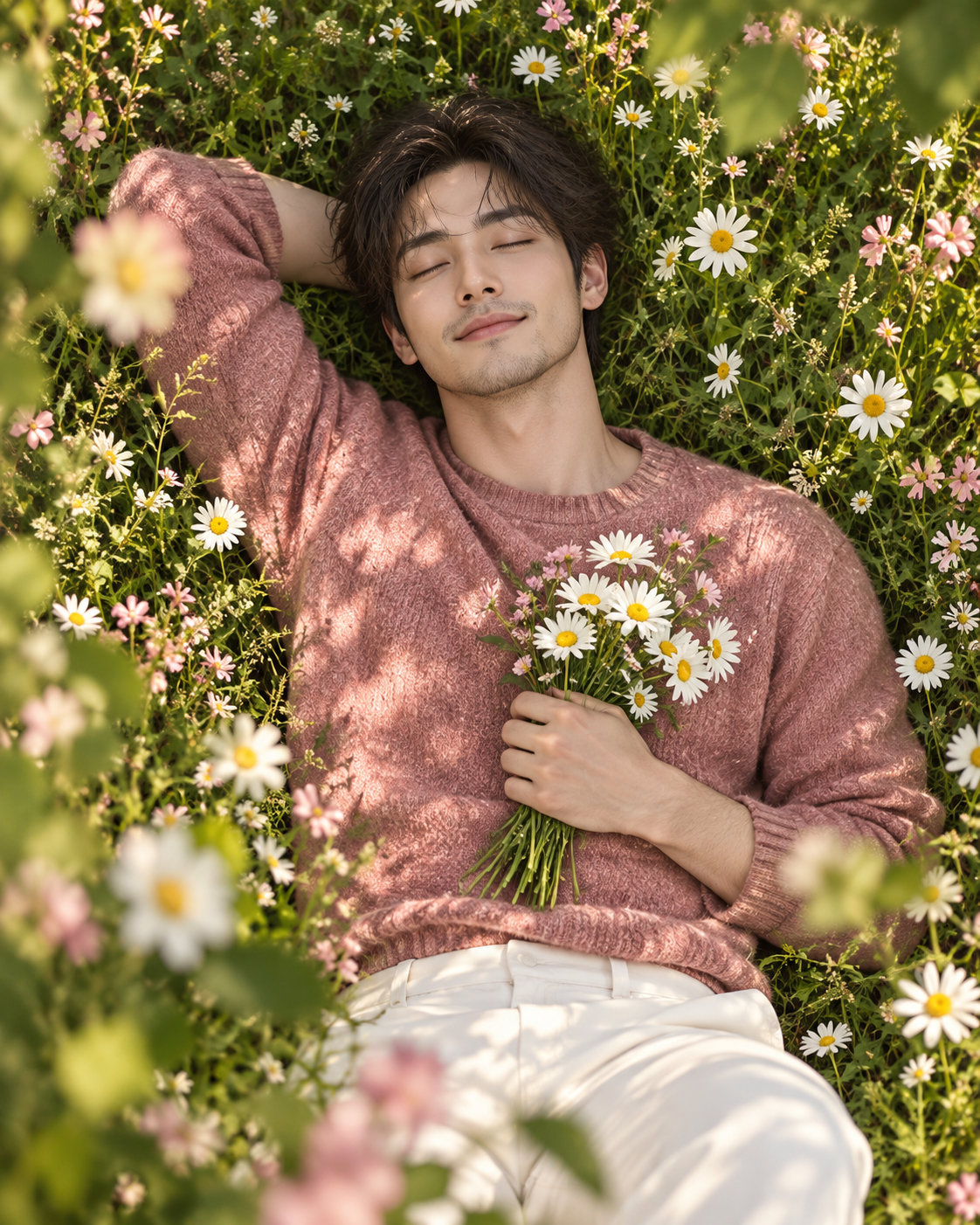 花畑で安らかにまどろむ成人男性