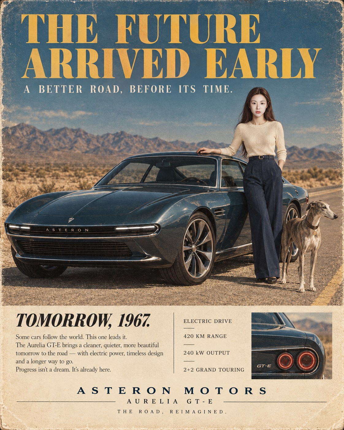 1967年の未来的な電気スポーツカーの広告ポスター