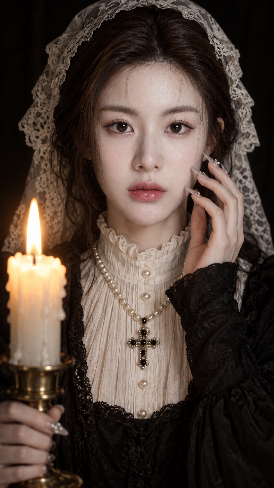 Dark Victorian Gothic Close-Up of an Adult East Asian Woman Holding a Candle